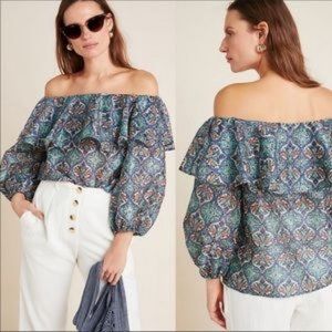 NWT Anthropologie Sachin & Babi Eyelet Printed Off Shoulder Ruffle Top Sz Medium